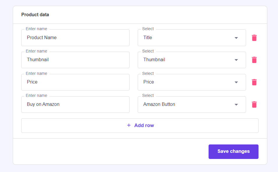 La configuration des données produit lors de la création d'un tableau de comparaison à l'aide de l'extension Hostinger Amazon Affiliate Connector.