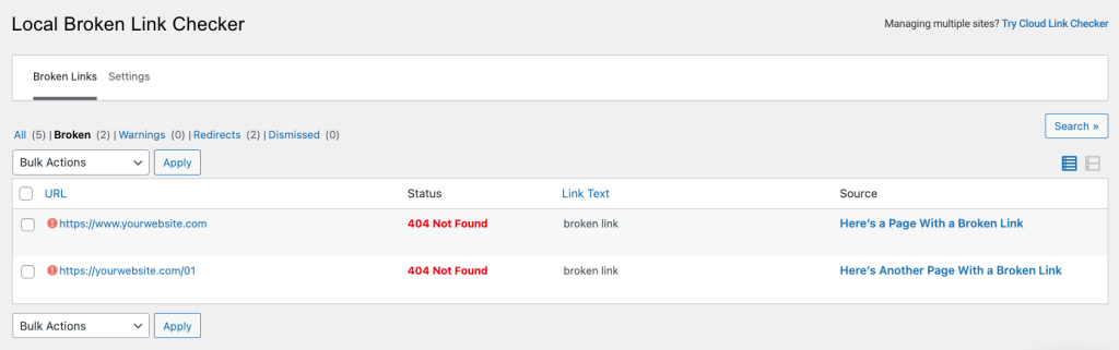 WordPress Broken Link Checker dashboard