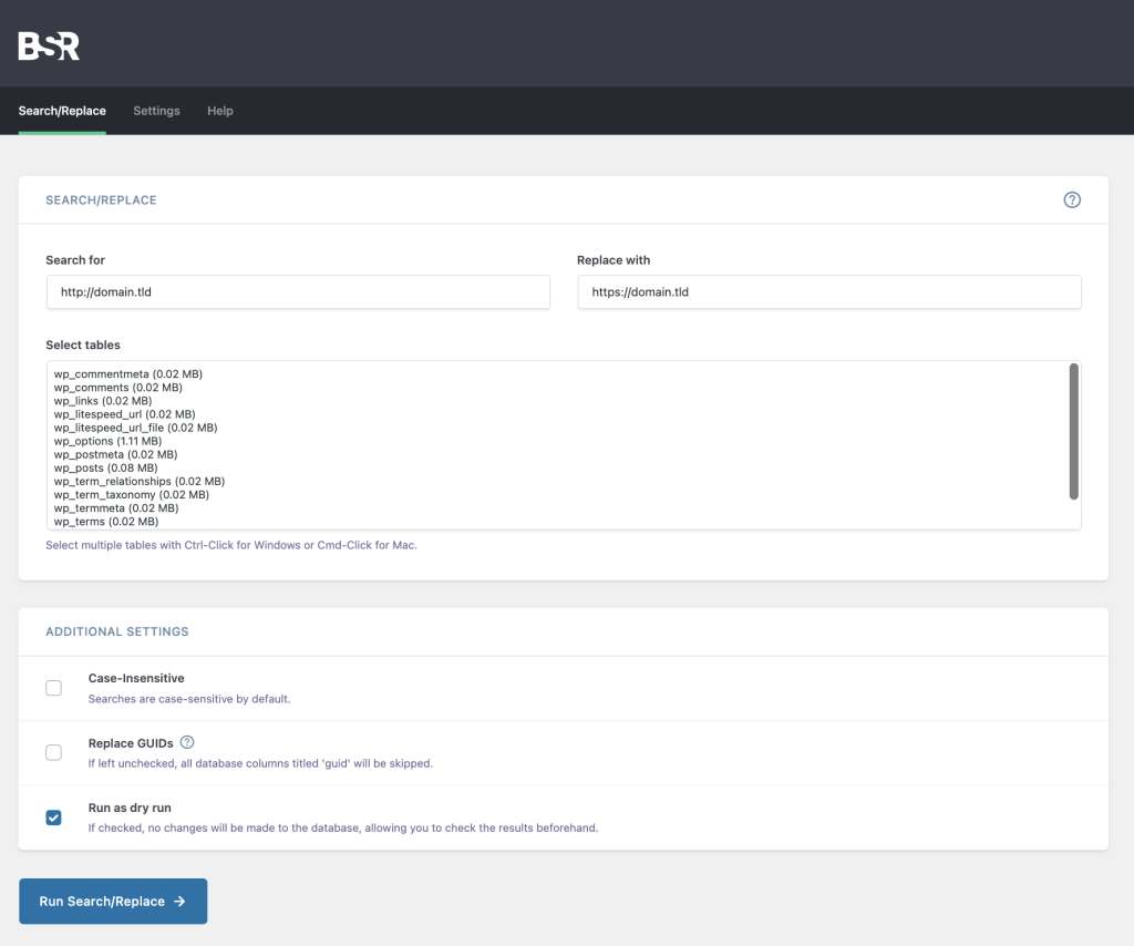 The Better Search Replace plugin page in WordPress