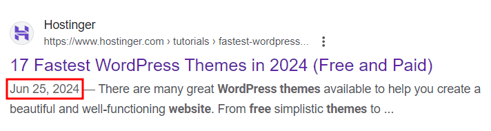 Last update date example on SERPs