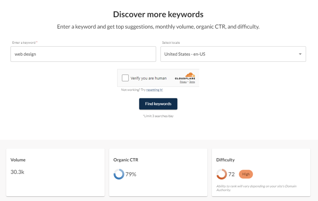 Moz Keyword Explorer showing the search volume of web design