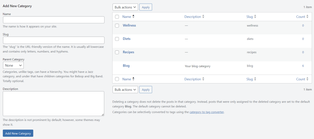 The Categories section in the WordPress dashboard