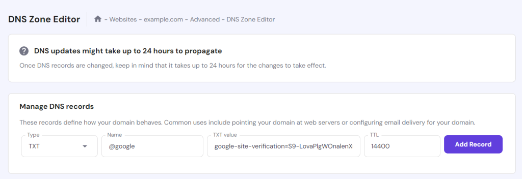 The DNS Zone Editor feature in hPanel