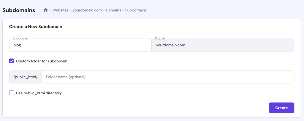 The Subdomains section in hPanel