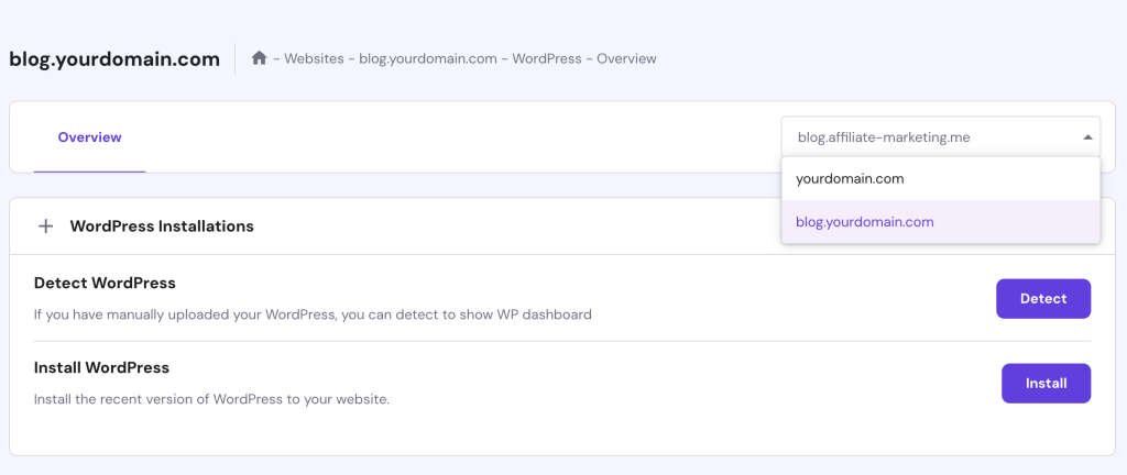 The WordPress installer feature in hPanel