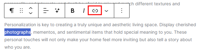 The link icon in the WordPress block editor