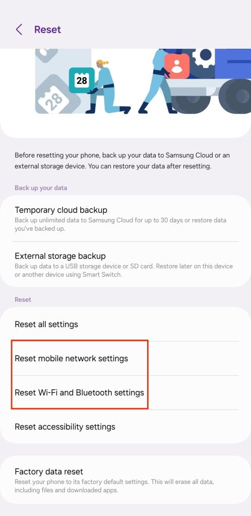 The Reset mobile network settings and Reset Wi-Fi and Bluetooth settings menu in Android