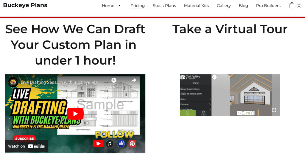 Pricing page of Buckeye Plans, showing video and virtual tour features