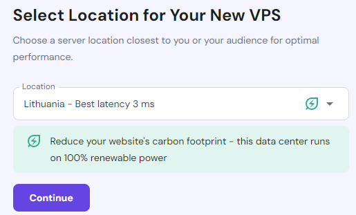 Screenshot of Hostinger VPS location selector and continue button at the bottom