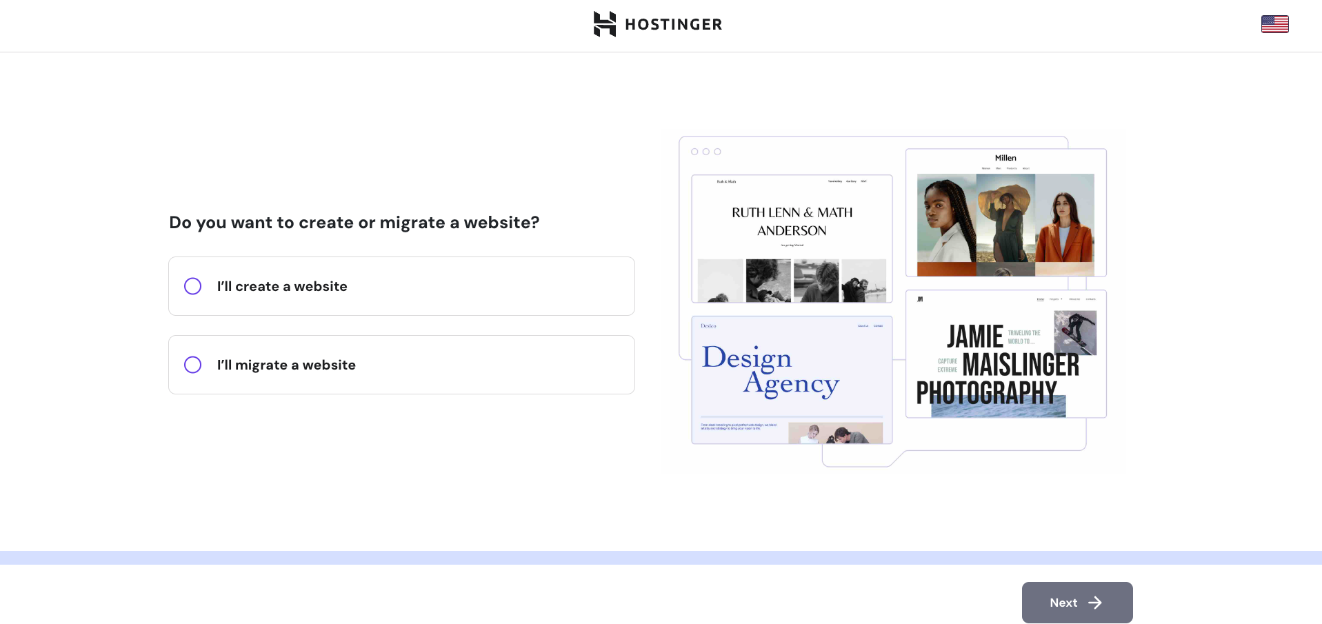 Hostinger onboarding process with the option to migrate an existing website