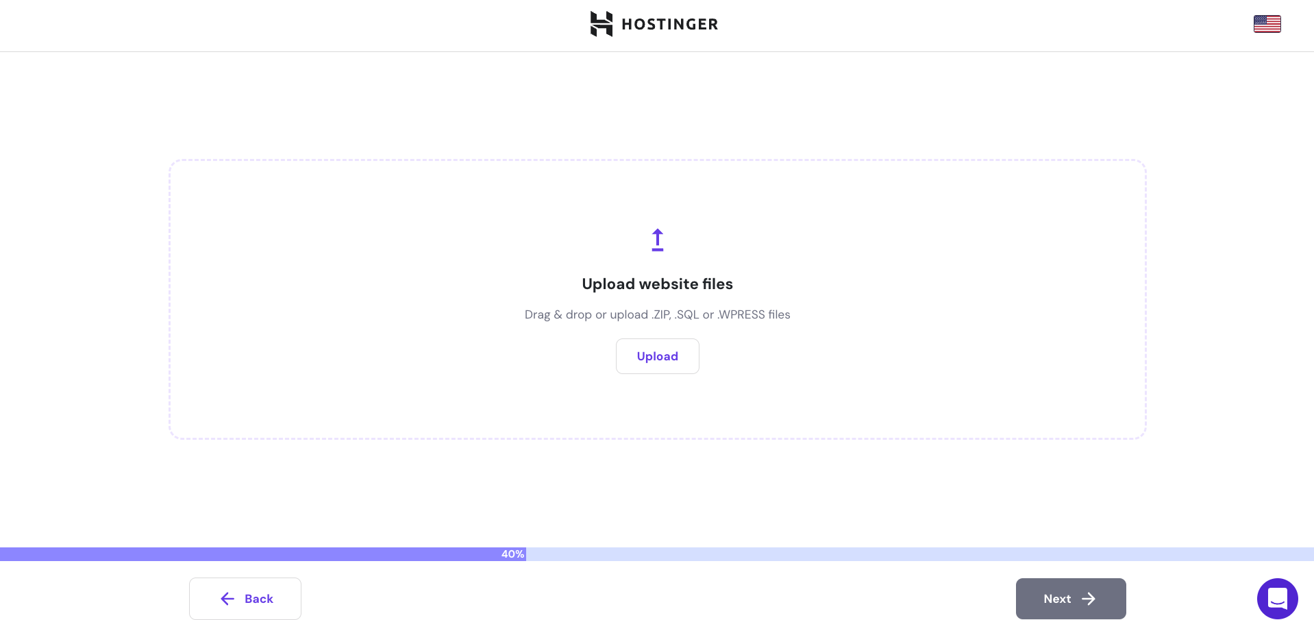 Hostinger migration process showing a field to upload website files