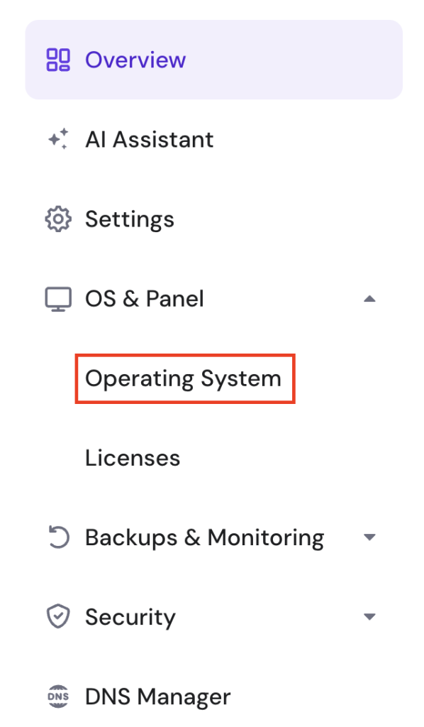 hPanel VPS operating system highlighted