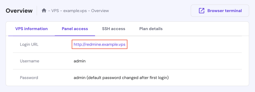 The login URL for Redmine in hPanel's VPS