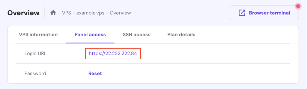 The login URL to access VS Code Server on Hostinger's VPS