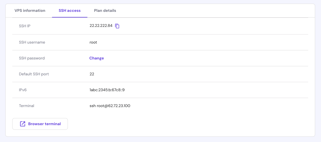 The SSH access tab in hPanel's VPS