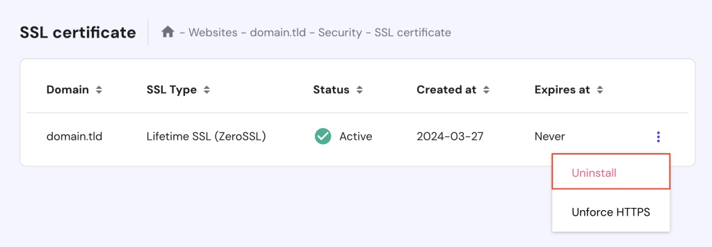 The Uninstall option in the SSL certificate page of hPanel