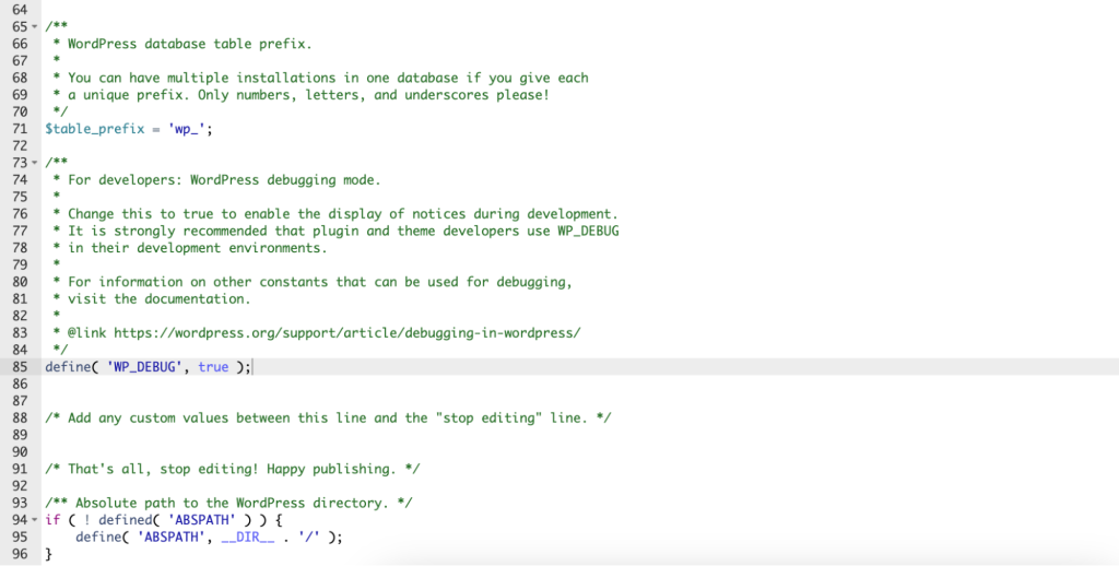 WP_DEBUG line placed in the wp-config.php file