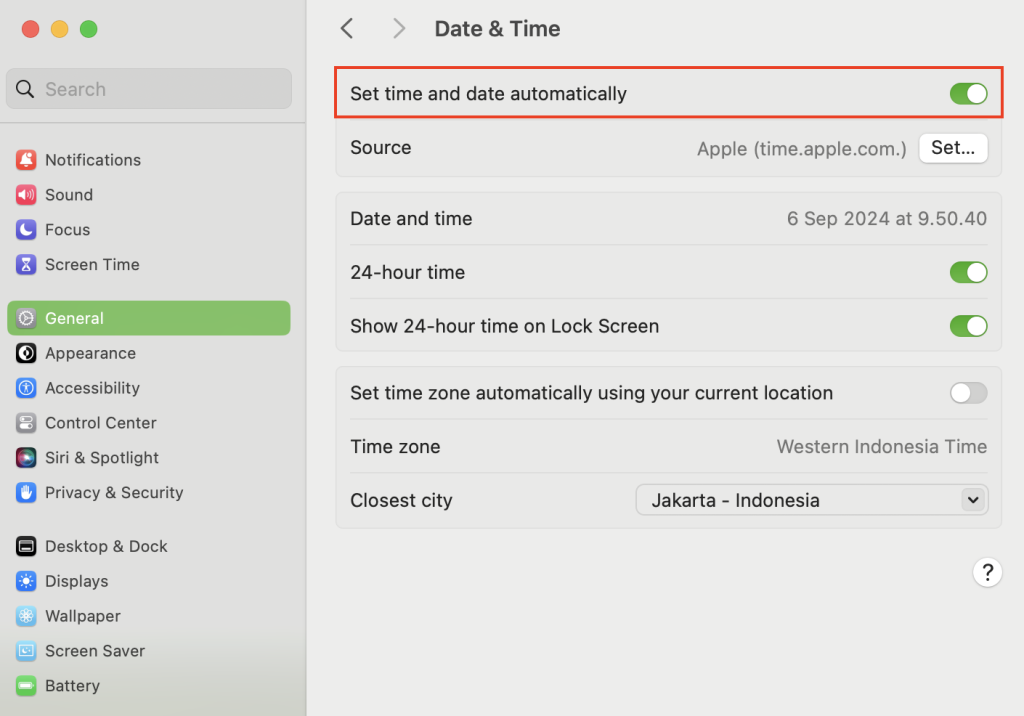 The Set time and date automatically option in macOS