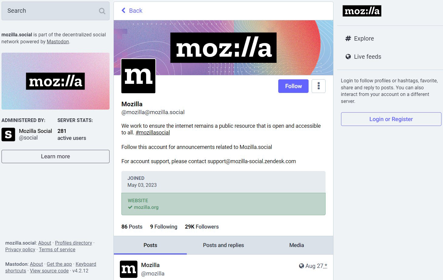 Conta da Mozilla no Mastodon, destacando sua missão, marca e usando metadados de perfil.