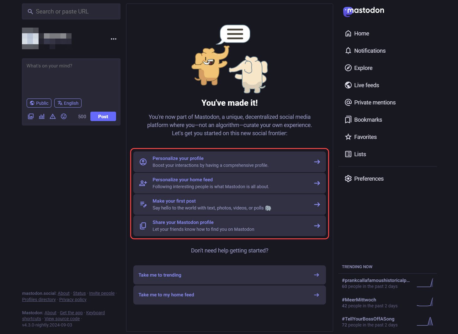 Uma nova conta no Mastodon com sugestões de primeiros passos para finalizar as configurações de perfil e feed e começar a usar a plataforma.