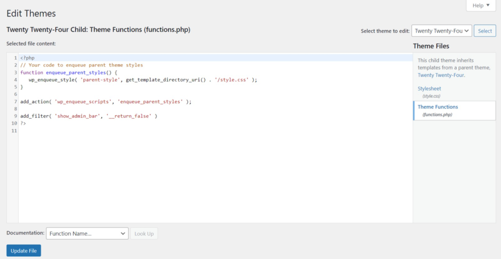 PHP code for hiding the admin bar in the Theme File Editor screen