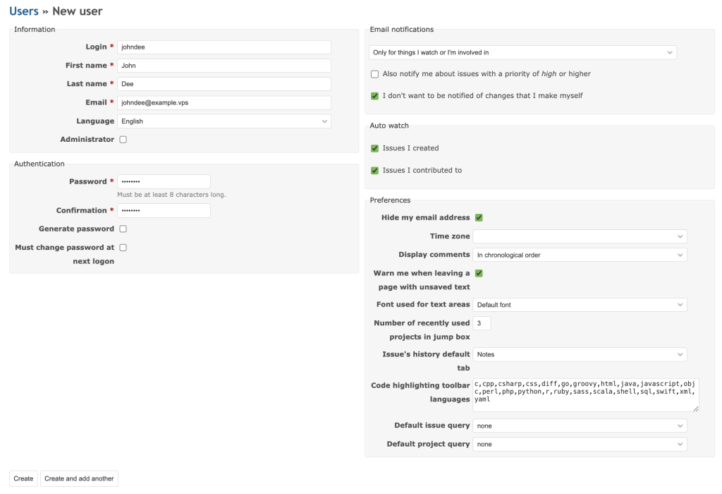 The New user field in Redmine