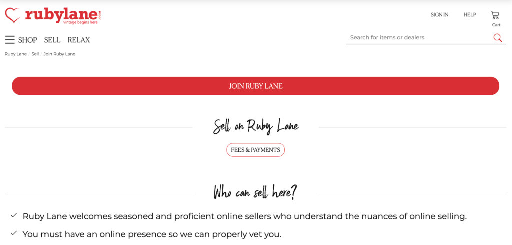 Ruby Lane Seller landing page