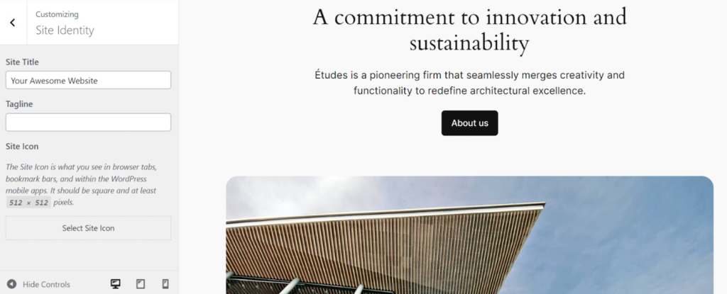 Site Identity menu in WordPress customizer