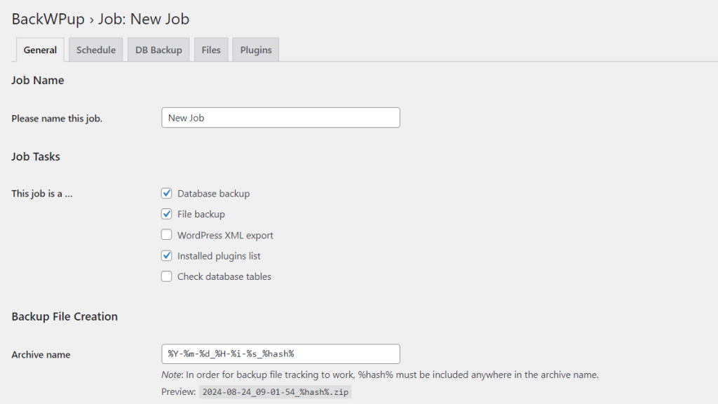 The Add a new job menu interface of the BackWPup plugin