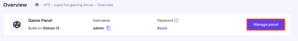 The Manage panel button location on hPanel's Game Panel hosting dashboard