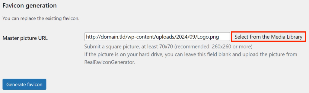 The Select from the Media Library button in Real Favicon Generator plugin menu