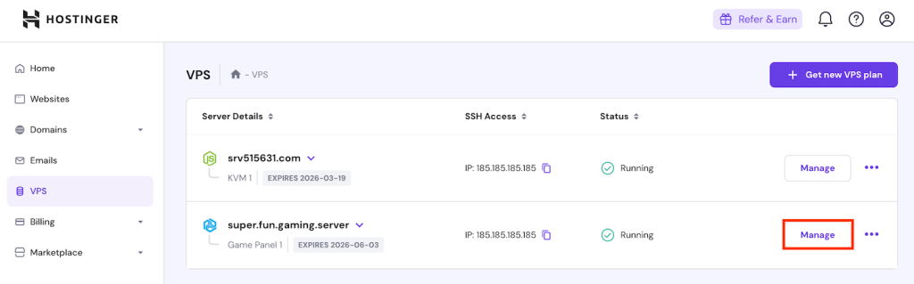 The VPS Manage button on hPanel