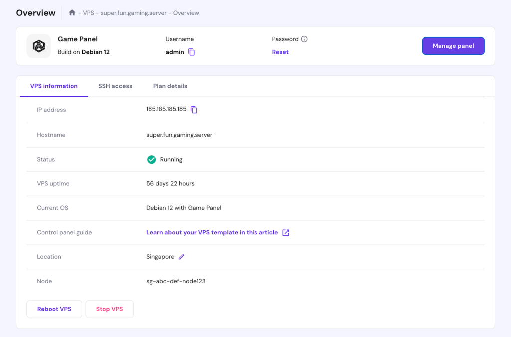 The VPS information menu on hPanel