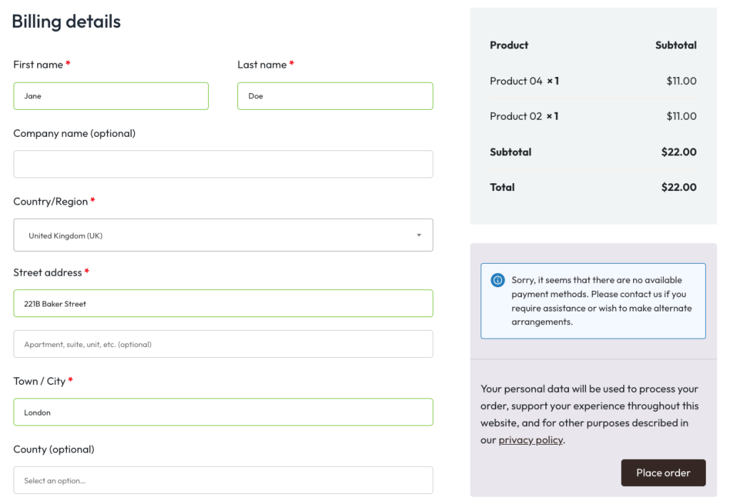 WooCommerce checkout form displayed using the [woocommerce_checkout] shortcode