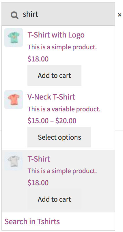 WooCommerce product search field displayed using the [woocommerce_product_search] shortcode