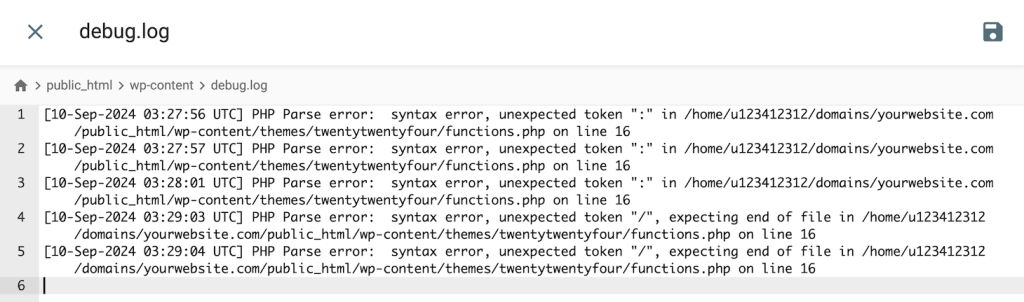 WordPress debug log entries