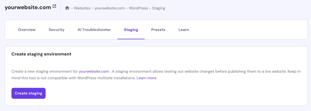 WordPress staging creation menu in hPanel