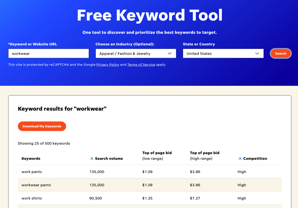 Keyword research on WordStream