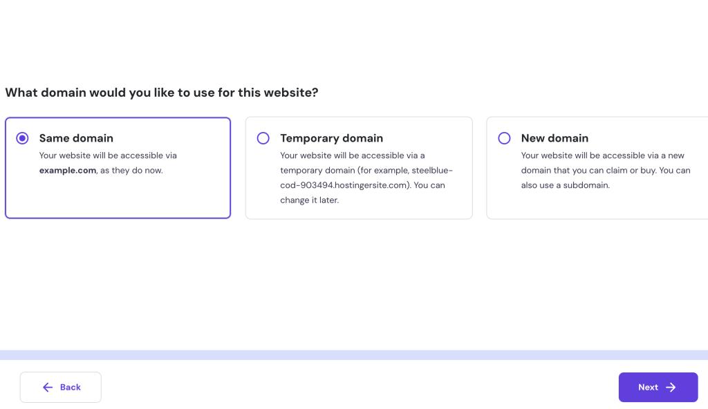 Choosing a domain name to use for the migrated site in hPanel
