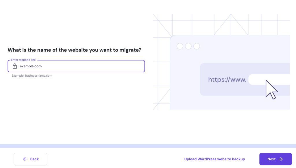 Entering the web address of the site you want to migrate in hPanel
