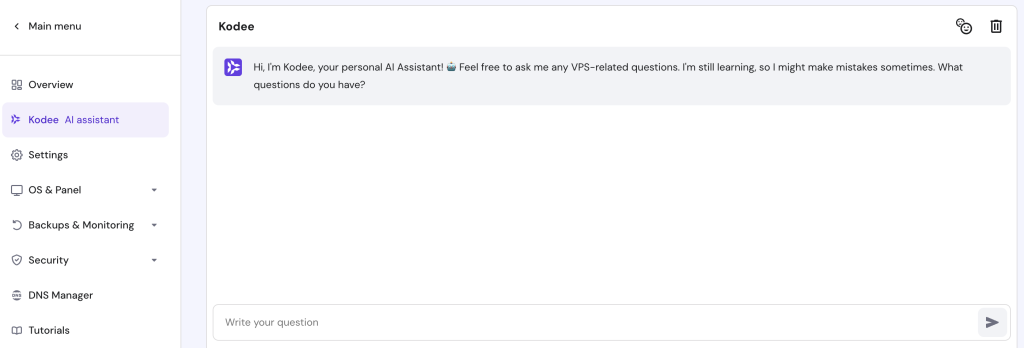 Kodee AI assistant on your VPS management window