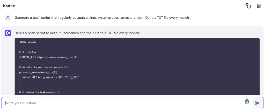 Hostinger's Kodee generates bash script for a user administration task