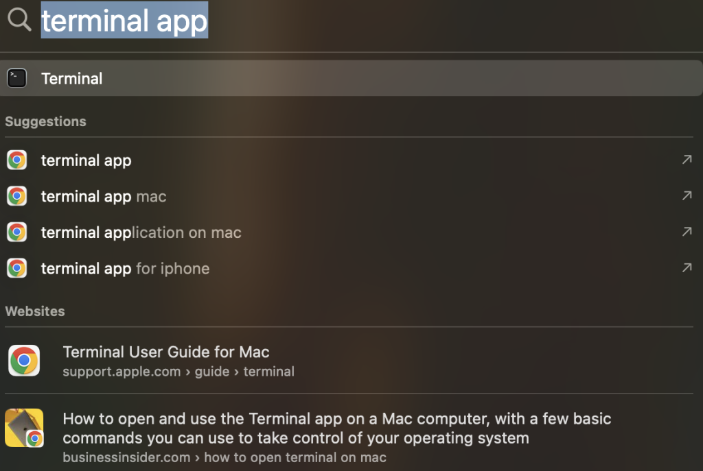 Searching for the Terminal app in macOS
