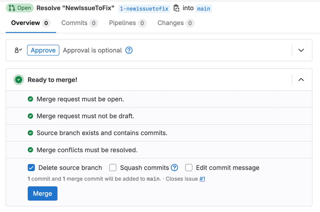 A ready-to-merge request in GitLab