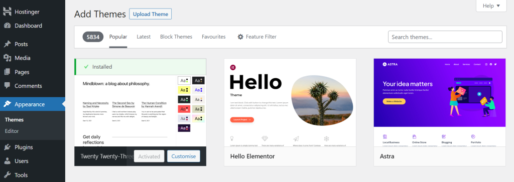 The Add Themes interface on the WordPress admin dashboard