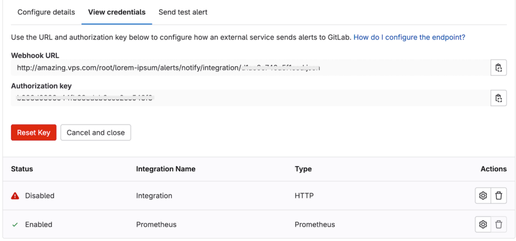 The alert configuration menu in GitLab