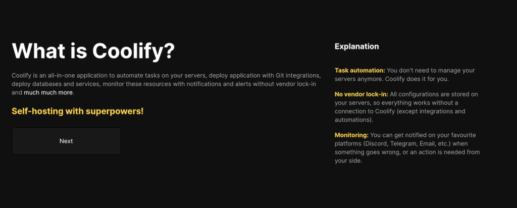 Coolify onboarding page