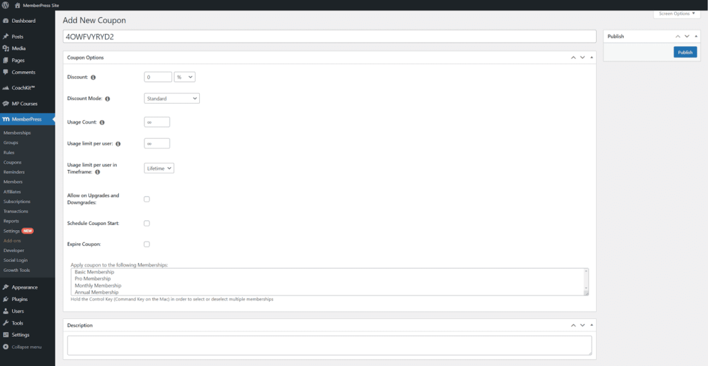 MemberPress coupon settings