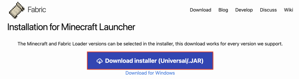 The Download installer (Universal/.JAR) button in the Fabric website