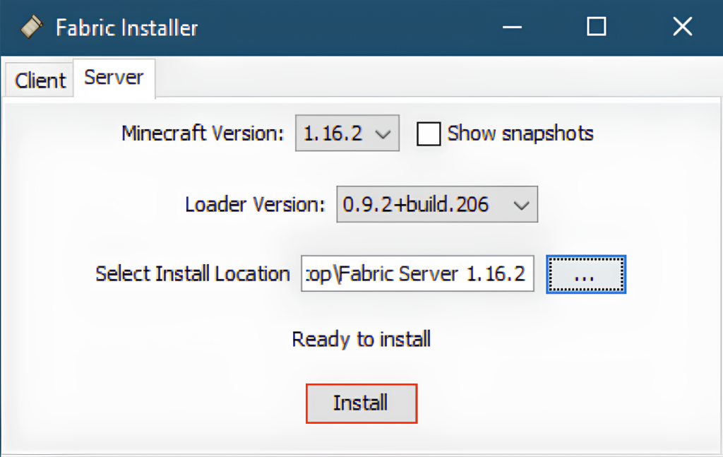 The Install button in Fabric Installer